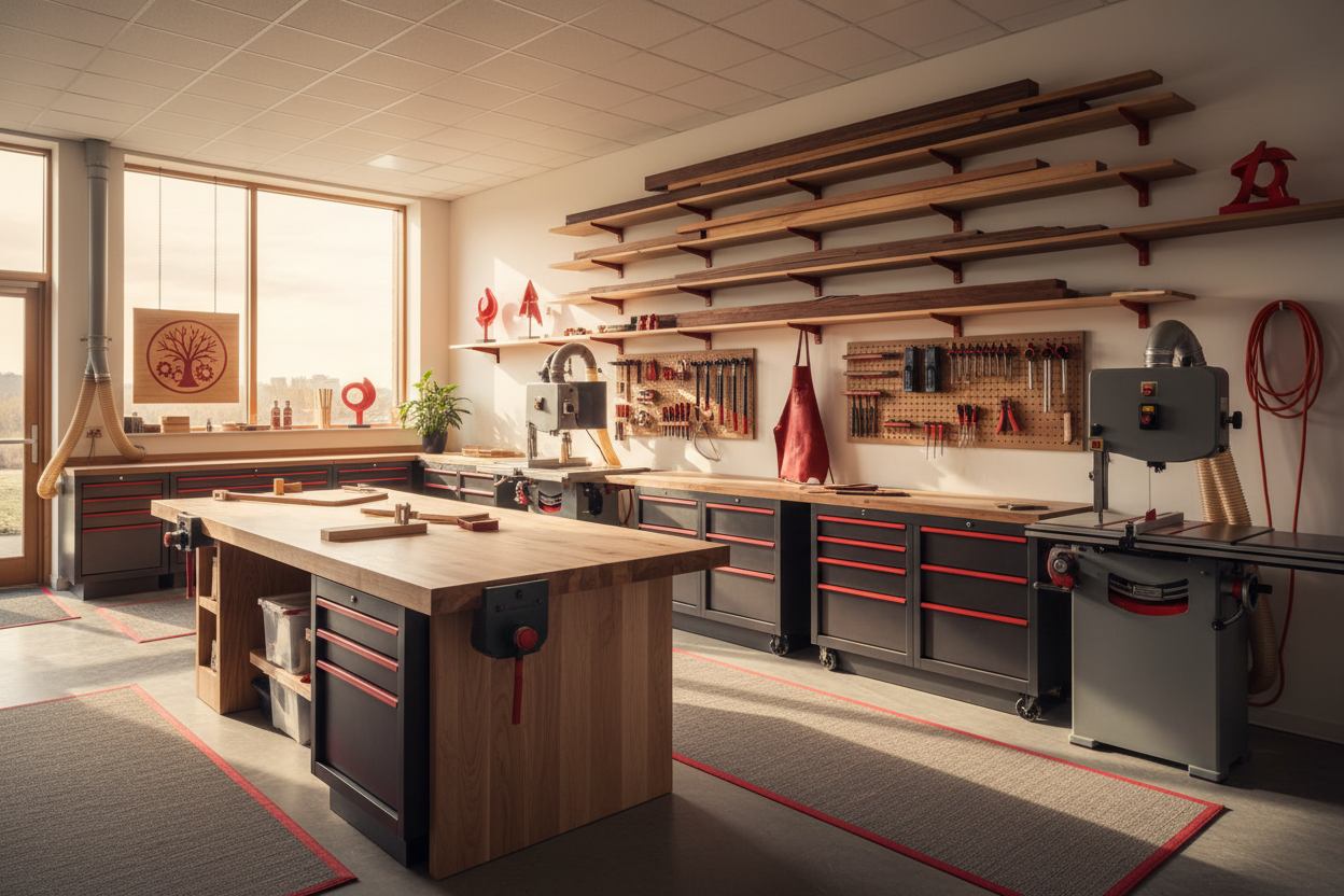 A modern woodworking workshop featuring clean, organized workspaces and premium wooden materials, with subtle red accents integrated into the scene. The environment includes professional tools, neatly arranged boards, and warm natural lighting reflecting off the wood surfaces. Touches of red—such as equipment details, tool handles, or decorative elements—add a refined, stylish contrast to the overall warm and industrial aesthetic, giving the space a sophisticated and branded atmosphere.